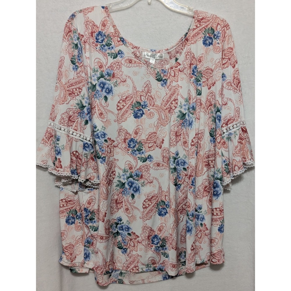 Stem & Vine Womens 3X Floral Paisley Bell Sleeve Blouse Pink Blue Crochet Trim